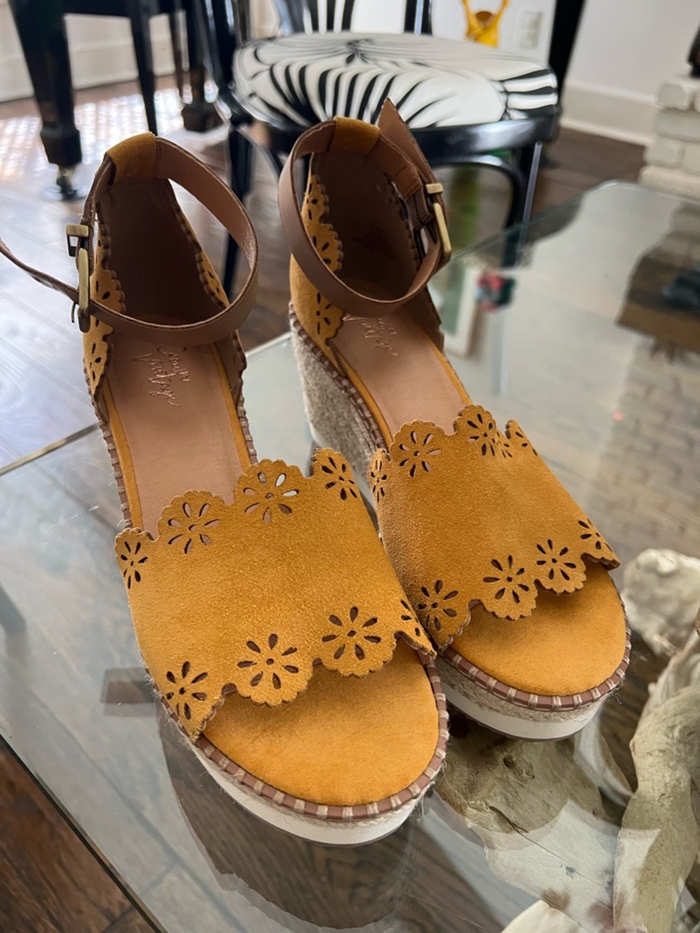 Crown Vintage Mustard Suede Laser-Cut Ankle-Strap Wedge Sandals NWOT